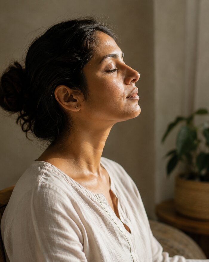 Close-up portrait representing mindful breathing
