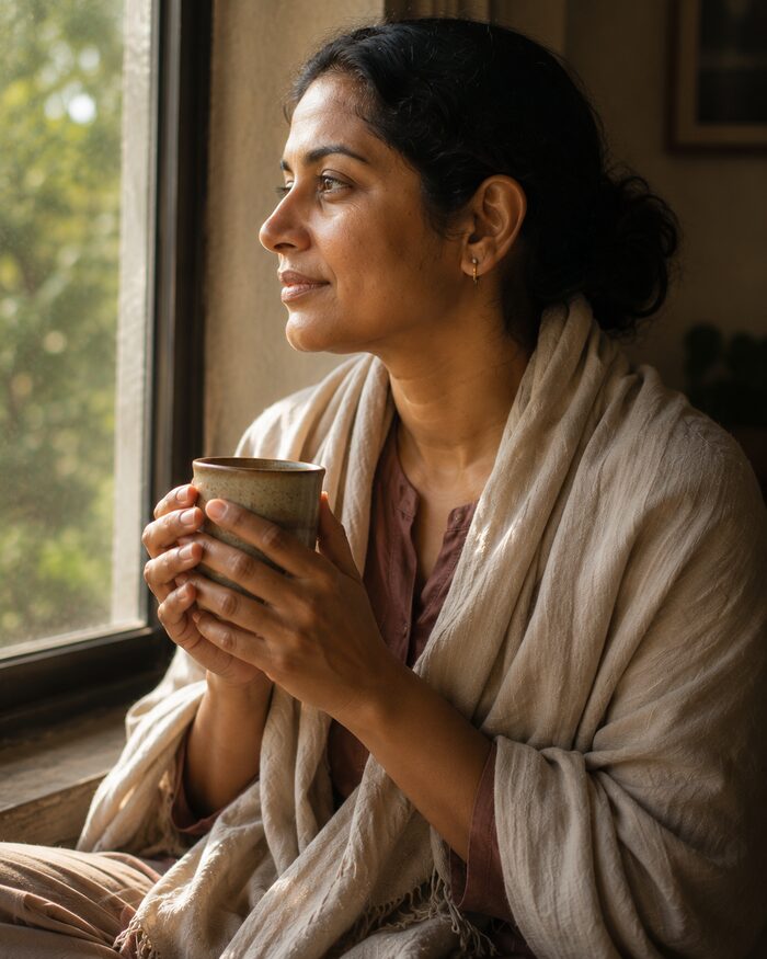 Woman holding a warm ceramic cup representing rejuvenation