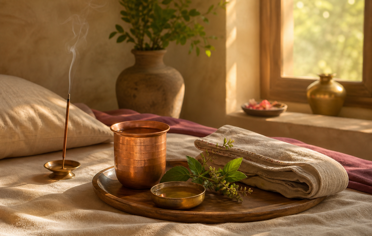 Warm water, natural linen, tulsi leaves, and botanical oil in soft morning light