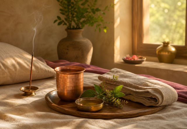 Warm water, natural linen, tulsi leaves, and botanical oil in soft morning light