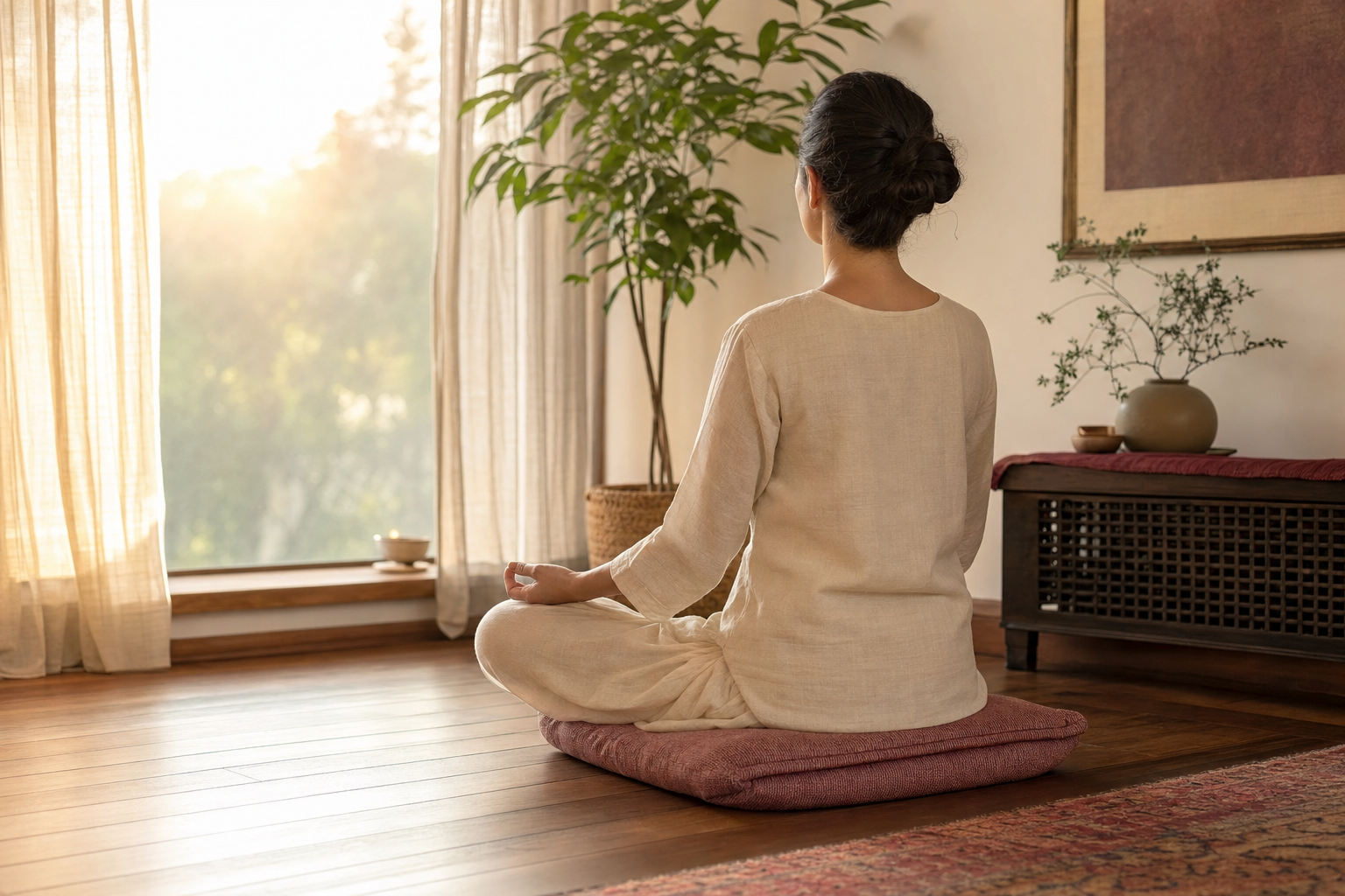 A woman practicing quiet seated breathing beside a sunlit window
