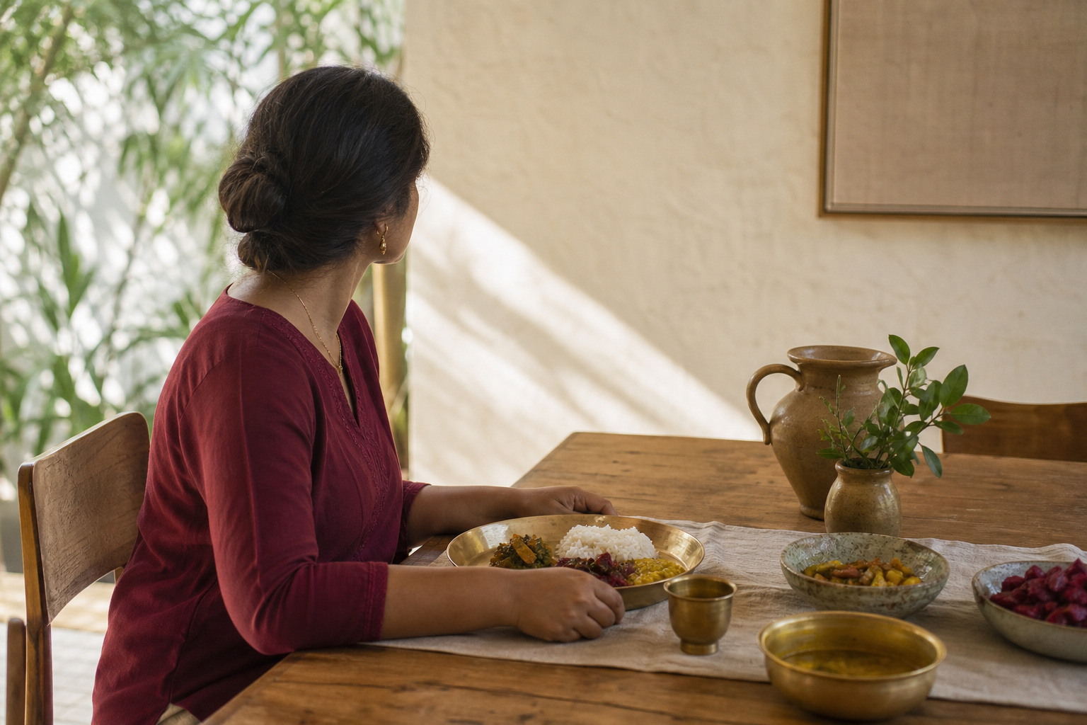 A woman pausing quietly at a table before a warm midday meal