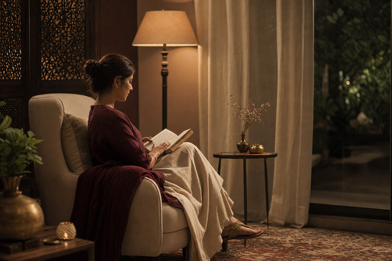 A woman enjoying a quiet screen-free reading ritual in warm evening light