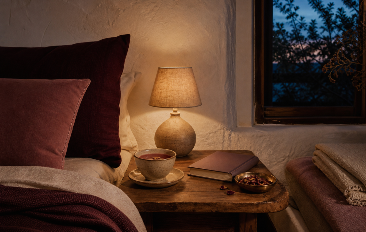 A warm bedside lamp, book, herbal infusion, and folded blankets at dusk