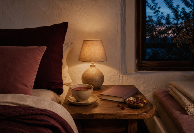A warm bedside lamp, book, herbal infusion, and folded blankets at dusk
