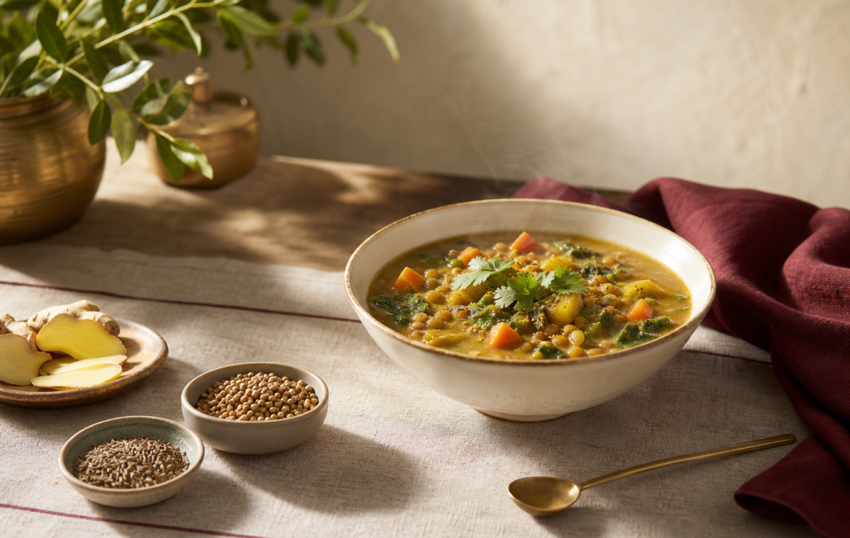 A warm vegetable and lentil meal with ginger and culinary spices