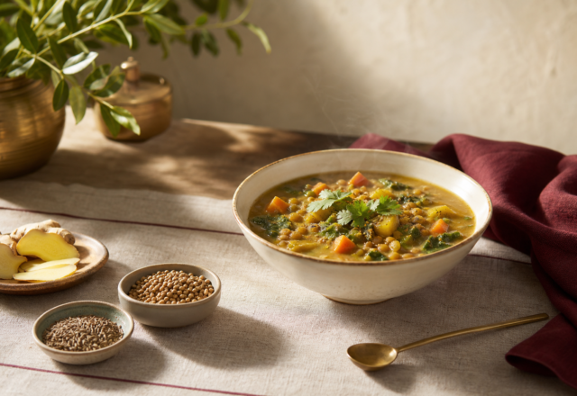 A warm vegetable and lentil meal with ginger and culinary spices