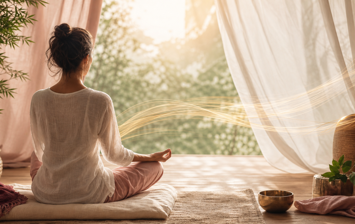 A woman seated in quiet meditation as warm morning light and a gentle breeze move through an open room
