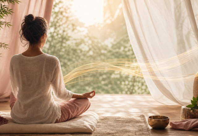 A woman seated in quiet meditation as warm morning light and a gentle breeze move through an open room
